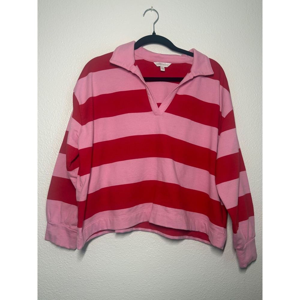 Crown & Ivy Womens Pink Red Striped Long Sleeve Rugby Polo Shirt Size Medium - Picture 2 of 7